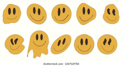 y2k.Psychedelic Smiles.Sticker pack.Cartoon style. Retro y2k style.Vector set of design elements.Retro elements.Retro aesthetic y2k.Sticker set in y2k style.Designs for packaging.2000s