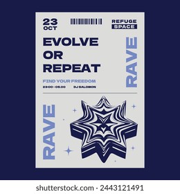 Un cartel estilo y2k con un poliedro y estrellas. Una plantilla de diseño para una fiesta rave.