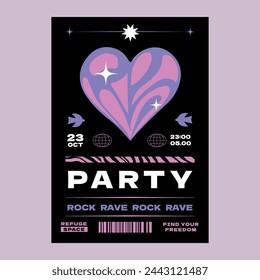 A y2k-style poster with a fluid shining heart. A design template for a techno party.