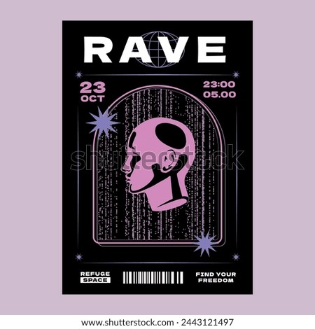 A y2k-style poster with a profile of a human head in a textured arch. A design template for an electronic party.