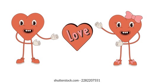 y2k.Valentine's day.Retro style Valentine's day.Groovy retro hearts.Valentines day greeting card.Hippie happy hearts in retro cartoon style.Vintage hearts.