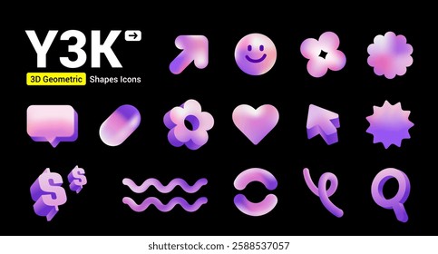 Y3K 3D Geometric Shapes Icons Set, Futuristic holographic gradient object, arrow, flower, heart, dollar, capsule, etc.