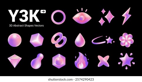 Y3K Abstract 3D Shapes Sticker Collection, Futuristic holographic gradient geometric object, fire, electric, sparkles, star, etc.