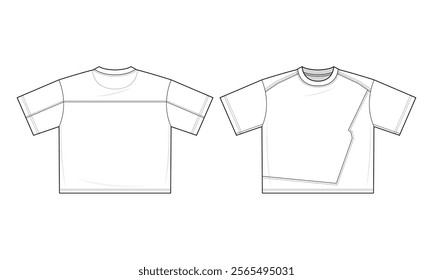 Y3K Minimalist structured Tee with Diagonal side Seam Detail Technical Fashion Illustration. T-shirt Vector Template Illustration. Front and Back View. Unisex. White Color. CAD Mockup.