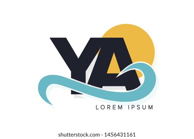 YA letter logo with ocean waves and sunset. Beach concept design