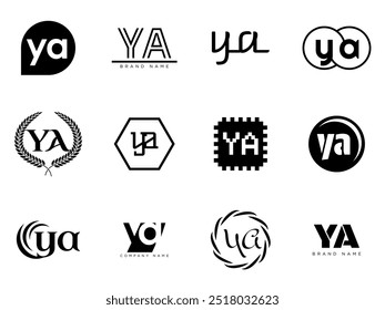 YA logo company template. Letter y and a logotype. Set different classic serif lettering and modern bold text with design elements. Initial font typography. Collection trendy business identity.