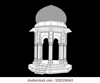 Yaadgar Chowk Peshawar Pakistan in black background in white fill with black outlines