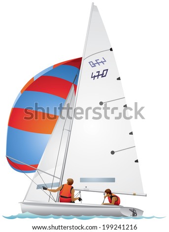 Yacht 470-class dinghy in profile realistic vector illustration, top sail sailboat, sport race, Four-Seventy