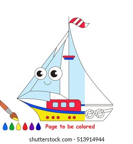 Yacht to be colored, the coloring book to educate preschool kids with easy kid educational gaming and primary education of simple game level.The colorless half of picture to be colored by sample half.