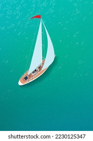 Yacht in the blue lagoon. Vector illustration of a realistic yacht sailing on turquoise colored water. Sketch for creativity.