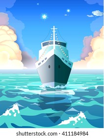 Yacht , blue sea with waves and clouds. Vector Illustration