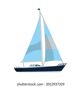  Yacht is a blue-and-white sailboat on a white isolated background. Color vector illustration of a flat style.