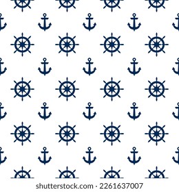 Yacht boat anchor and steering wheel on white, vessel helm vector seamless pattern marine graphic design. Ship anchor and yacht helm sailing navigation equipment endless ornament.