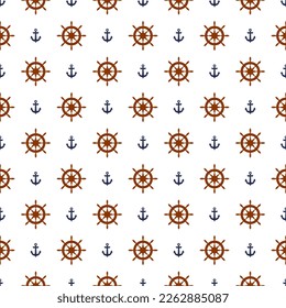 Yacht boat anchor and steering wheel, vessel helm vector seamless pattern marine graphic design. Ship anchor and yacht helm sailing navigation equipment endless ornament.