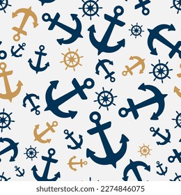 Yacht boat anchor and steering wheel, vessel helm vector seamless pattern marine graphic design. Ship anchor and yacht helm sailing navigation equipment endless ornament in dark blue and gold.