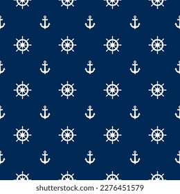 Yacht boat anchor and steering wheel, vessel ship helm vector seamless pattern marine graphic design. Ship anchor and yacht helm sailing navigation equipment endless ornament.