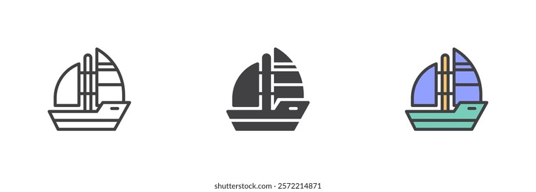 Yacht boat different style icon set. Line, glyph and filled outline colorful version, outline and filled vector sign. Sailboat symbol, logo illustration. Vector graphics