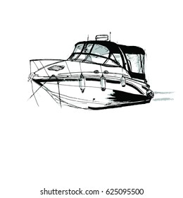 Yacht or boat. Hand drawn sketch vector illustration on white background. Black & white & gray.