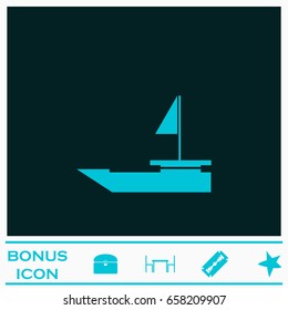 Yacht boat icon flat. Blue pictogram on dark background. Vector illustration symbol and bonus icons