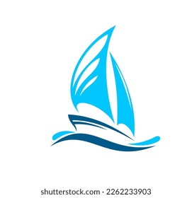 Icono de barco yate, emblema vectorial aislado con barco azul con velas sobre olas de mar. Etiqueta para el club de deportes de vela, viajes marítimos, turismo en velero marítimo, señalización de buques de transporte de agua