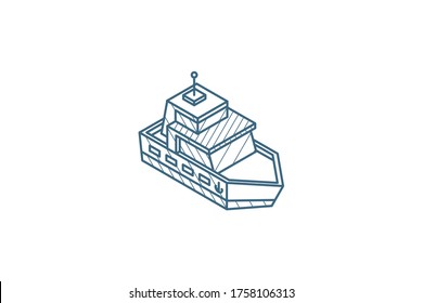 Icono isométrico del barco náutico. Ilustración vectorial 3d. Dibujo técnico de líneas aisladas. Trazo editable