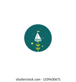 yacht or boat with leaves and bubbles in blue circle. Creative work and study, travel and adventure concept. Fantasy, dreams, inspiration or education illustration. 