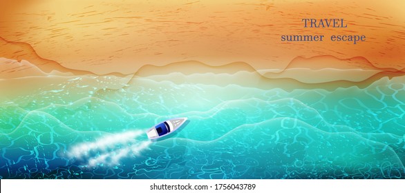 A yacht or boat sailing along the turquoise sea to the sandy yellow shore.Summer sea beach top view with waves and  foam. 
