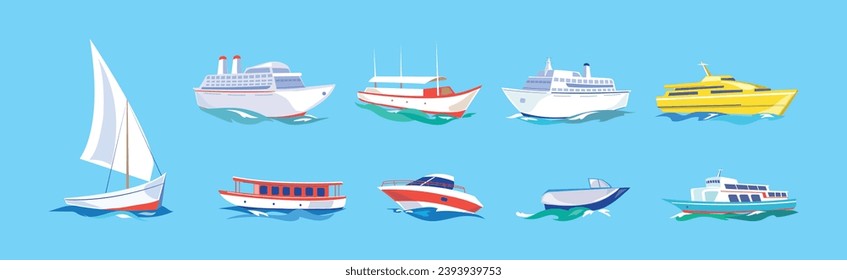 Yacht and Boat Sailing in Blue Sea Water Vector Set