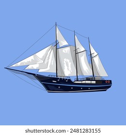 Yacht and Boat Sailing in Blue Sea Water Vector Set