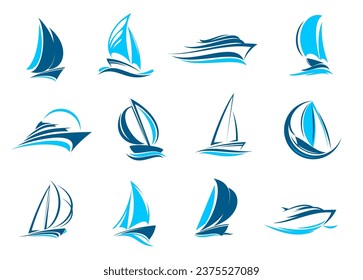 Yacht boat, sailing icon. Yachting sport club, vacation marine tour or sea travel agency simple vector emblem. Ship transportation service minimalistic icon or symbol with cruise ships, sail vessels