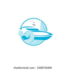 yacht boat sailing the sea vector illustration in blue color for logo graphic template or print art design idea