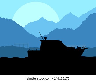 Yacht, boat sailing vector background evening landscape illustration