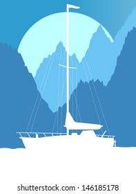 Yacht, boat sailing vector background evening landscape illustration