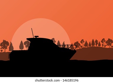 Yacht, boat sailing vector background evening landscape illustration