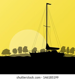 Yacht, boat sailing vector background evening landscape illustration