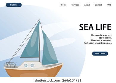 Iate. Barco com velas. Marinha, costa marítima, vida marinha, conceito náutico. Ilustração vetorial. Site, modelo de banner.