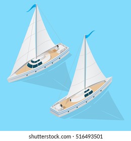 Yacht Boat Set Isometric 3d View on a Blue Background. Ilustración vectorial del transporte marítimo náutico marítimo. Dos conceptos principales de logística o crucero. Vela y yate, vip 