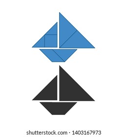 yacht or boat Tangram. Traditional Chinese dissection puzzle, seven tiling pieces - geometric shapes: triangles, square rhombus , parallelogram. Board game for kids that helps to develop analytical