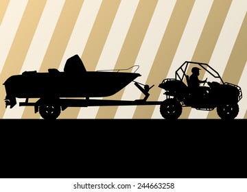 Yacht boat trailer vector background landscape with all terrain vehicle