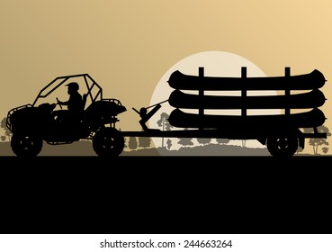 Yacht boat trailer vector background landscape with all terrain vehicle