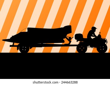 Yacht boat trailer vector background landscape with all terrain vehicle