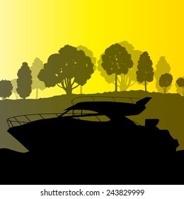 Yacht boat vector background landscape vector with sea coast and trees