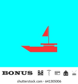 Yacht boats icon flat. Red pictogram on blue background. Vector illustration symbol and bonus buttons Music center, corkscrew, credit card, house, drum