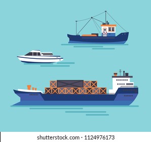 A yacht, a cargo ship, a fishing vessel in one collection. Vector illustration.