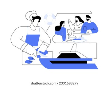 Yacht catering service abstract concept vector illustration. Group of diverse people eating gourmet food from chef on a yacht, personal boat, water transport, catering service abstract metaphor.