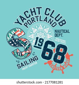 Yacht charter transoceanic sailing cruises vintage vector print for boy kid shirt grunge effect in separate layer