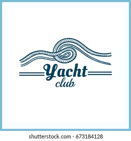 Yacht club. Blue badge on white background. Can be used for labels or banners or posters or prints for t shirts for yachting club. Vector illustration.