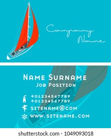 Yacht club business card design with sail boat. Luxury yacht race, sea sailing regatta poster vector illustration. Nautical worldwide traveling promotion layout.