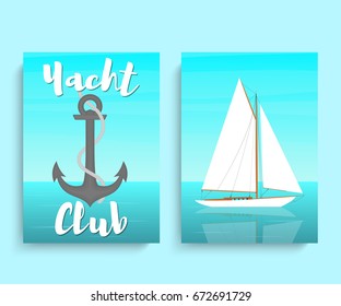 Yacht club cards. Sailboat in the open sea. Vector illustration in flat style