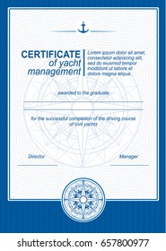 The yacht club certificate of completion for yacht management. A poster with a nautical theme. Vector